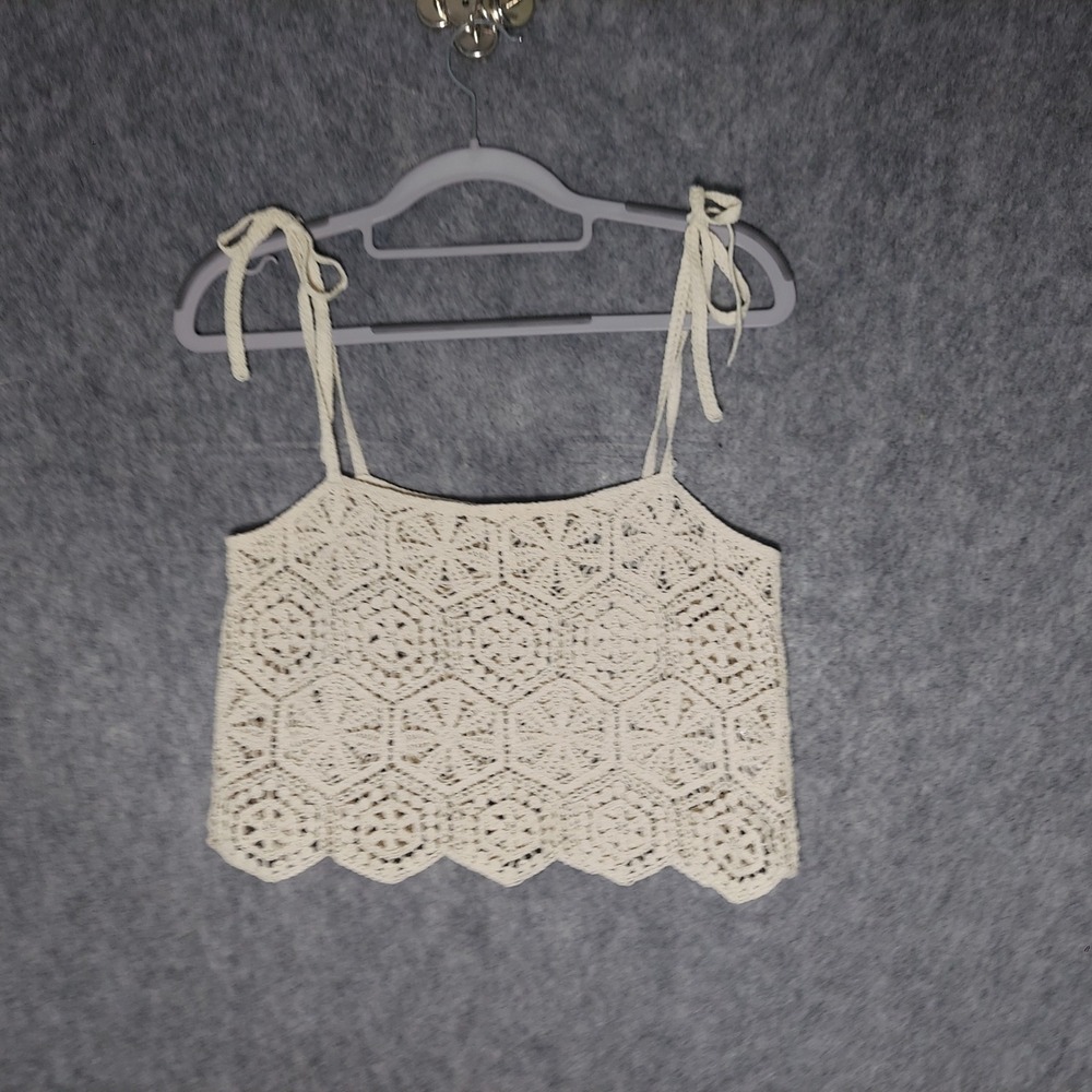 H&M Women Cotton Crochet Cami Crop Top XS Ivory Boho Tie Strap Scalloped Hem